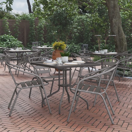 Flash Furniture Lila 31.5in Square Glass Top Metal Table with 4 Silver Aluminum Slat Stack Chairs TLH-0732SQ-017CSV4-GG